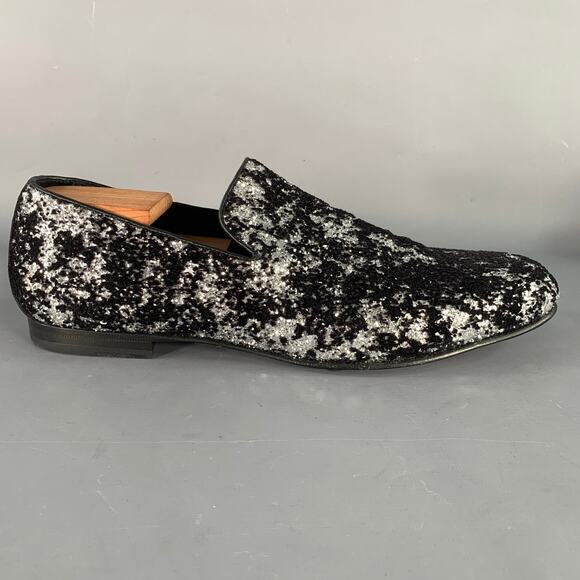 JIMMY CHOO Size 11 Velvet Glitter Devore Sloan Black Silver Slip On Loafers main image 4